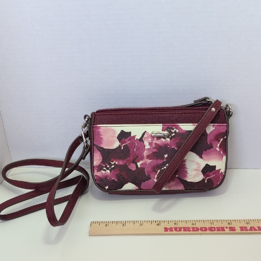 NWOT Chaps Small Floral Crossbody / Clutch Convertible Bag - Burgundy and Cream